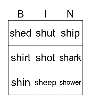 "SH" DIGRAPH BINGO Card