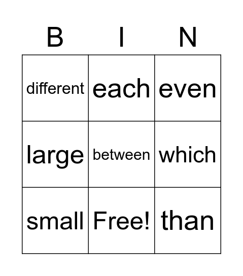 Sight Word Bingo Card