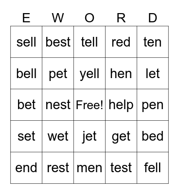 Short E Words Bingo Card