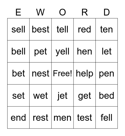 Short E Words Bingo Card