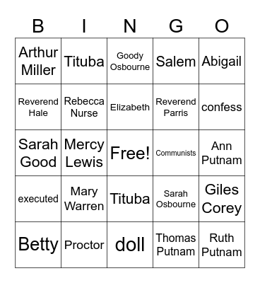 Crucible Act 1-Half of Act 2 Bingo Card