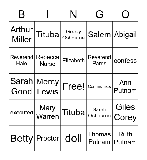 Crucible Act 1-Half of Act 2 Bingo Card