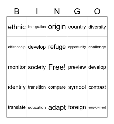 Vocabulary Bingo Card