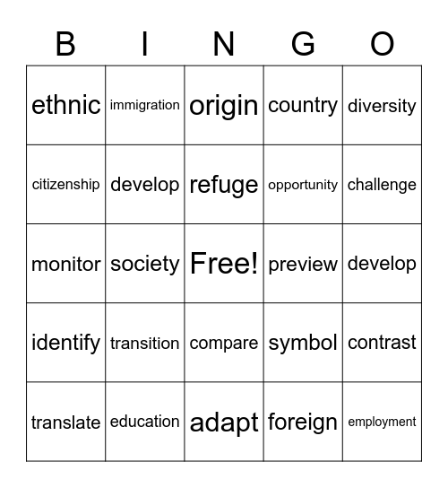 Vocabulary Bingo Card