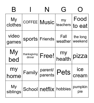 Gratitude Bingo Card
