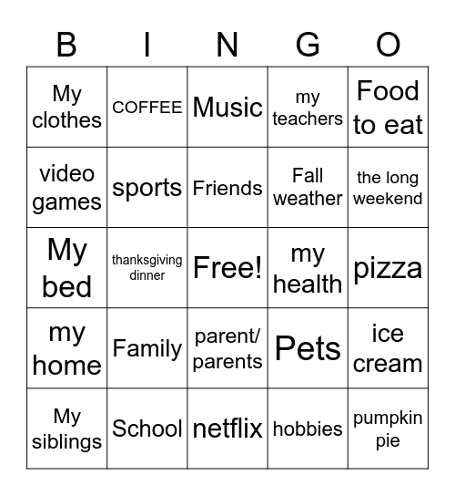 Gratitude Bingo Card