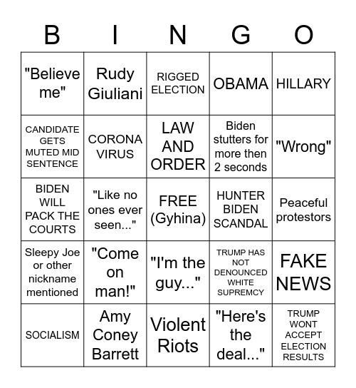 Trump v Biden Bingo Card