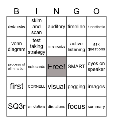 Study Skills BINGO Card