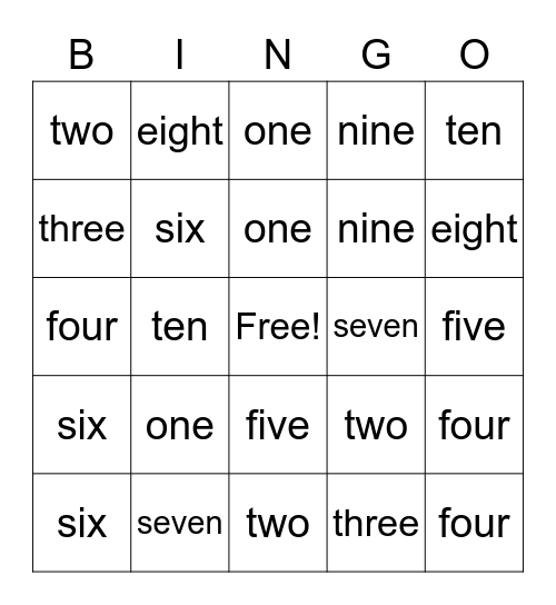 Number Bingo 1-10 Bingo Card