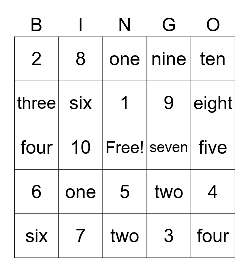 Number Bingo 1-10 Bingo Card