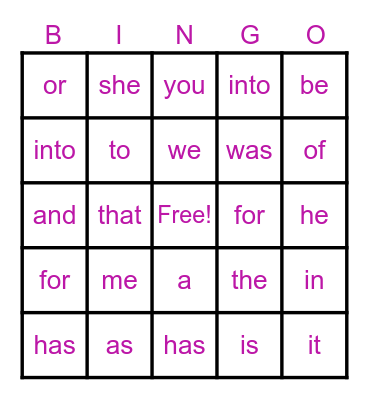 MJ's Sight Words Bingo Card