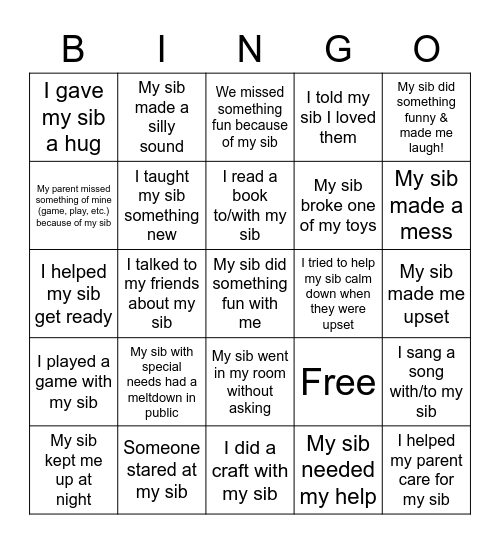 Sibshop Bingo (Ages 8-12) Bingo Card