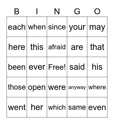 Sight Word Bingo Card