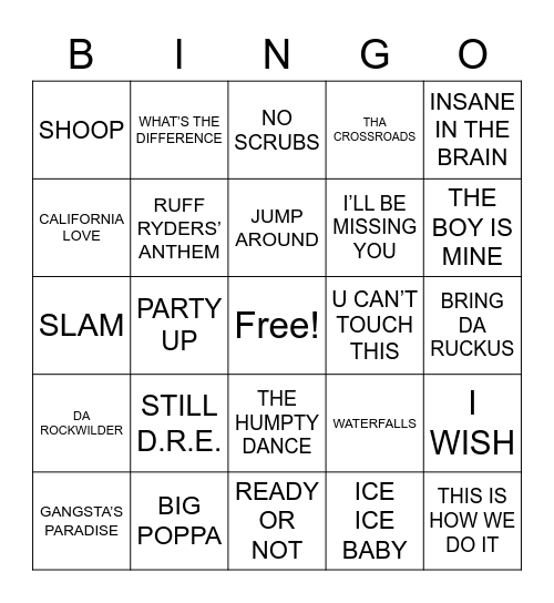 90'S HIP HOP Bingo Card