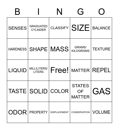 STATES OF MATTER Bingo Card