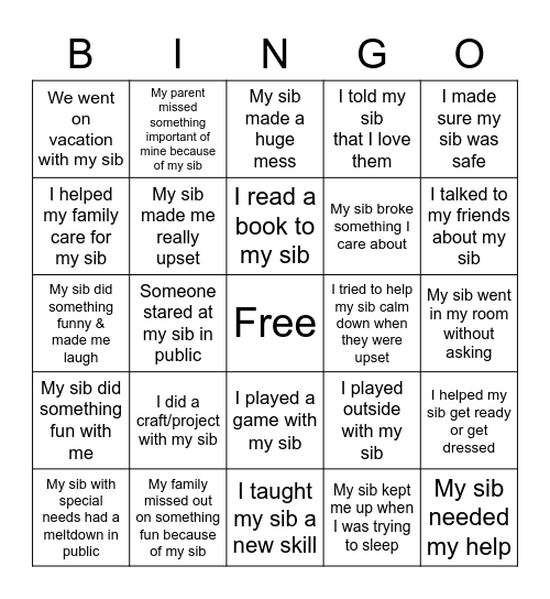 Sibshop Bingo (Ages 13-16) Bingo Card