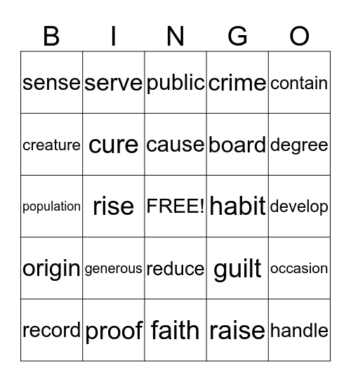 Vocabulary Bingo #2 Bingo Card