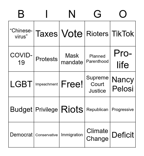 Debate Night Bingo Card