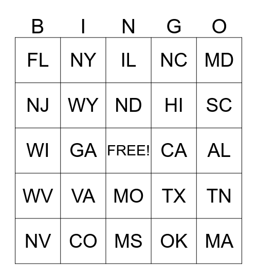 State B~I~N~G~O Bingo Card