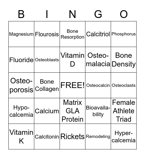 Bone Health Bingo Card