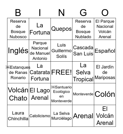 Costá Rica Bingo Card