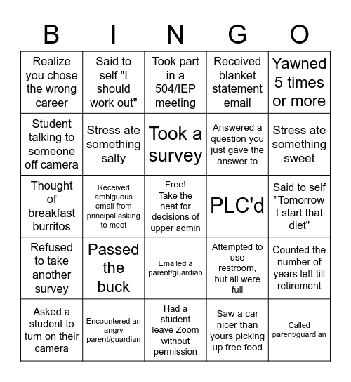 School Bingo Card