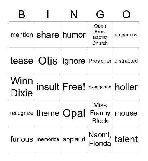 Because of Winn Dixie Chapters 1-8 Review Bingo Card