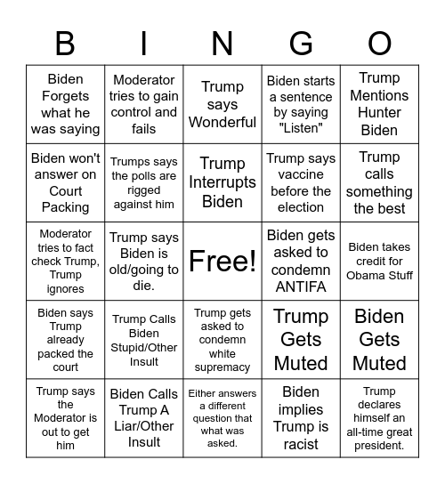 Trump and Biden Bingo Card