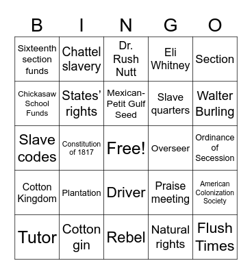 Antebellum Mississippi Bingo Card