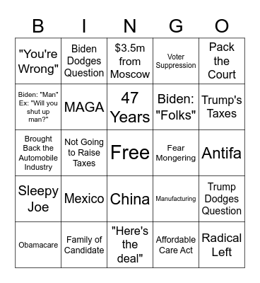 Presidential Debate 10/22/2020 Bingo Card