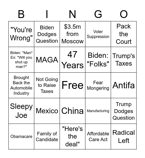 Presidential Debate 10/22/2020 Bingo Card