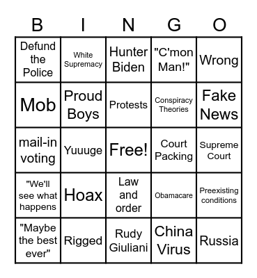 2020 Presidental Debate Bingo Card