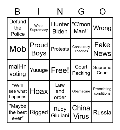 2020 Presidental Debate Bingo Card