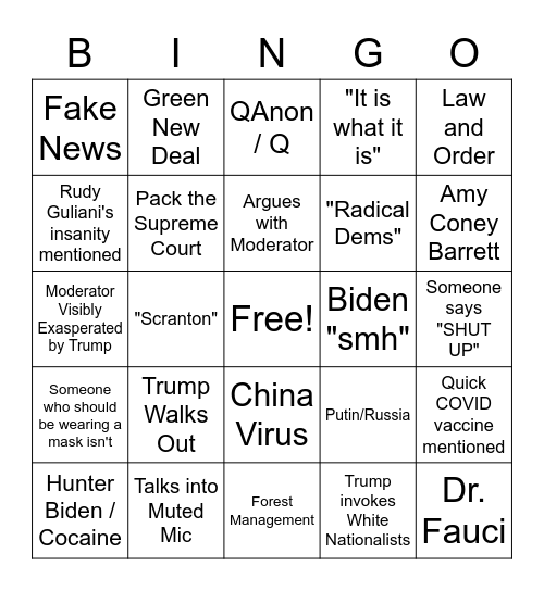 Final 2020 Presidental Debate Bingo Card