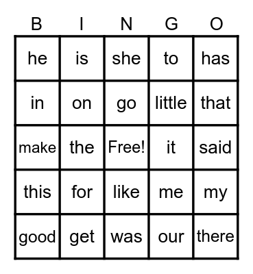 Sight Words Bingo Card