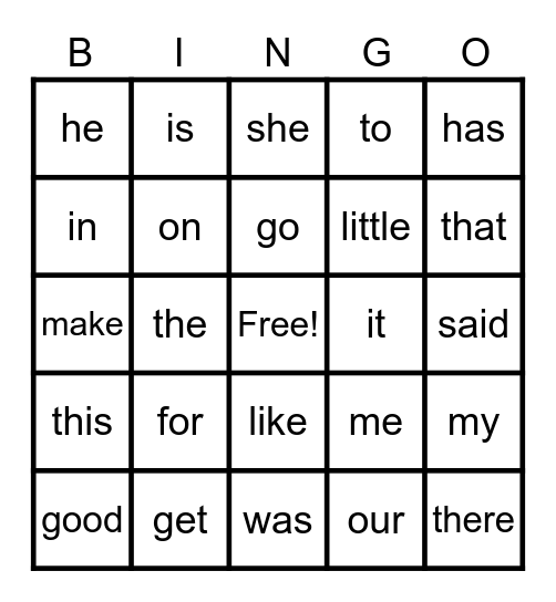 Sight Words Bingo Card
