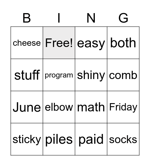 Spelling Bingo Card