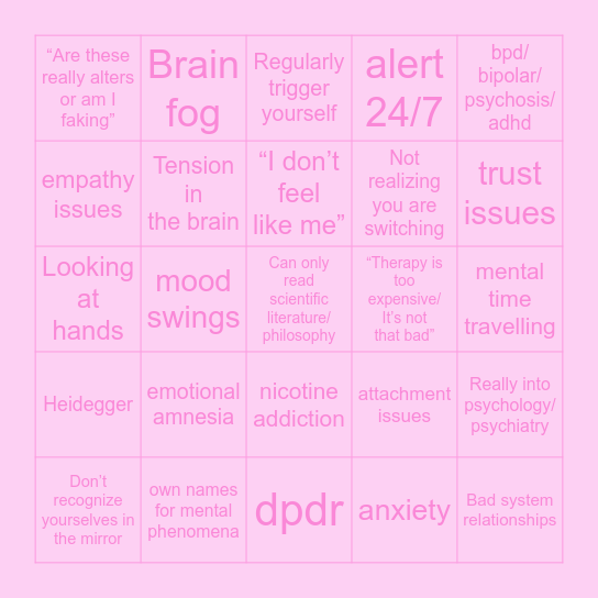 Dissociative  bingo Card