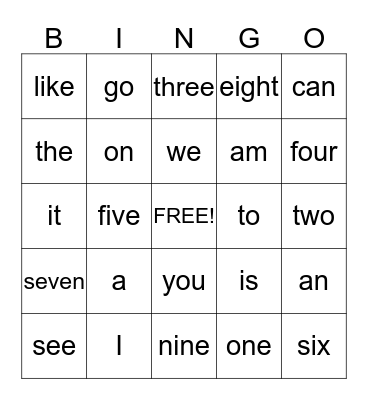 Sight Words Bingo Card