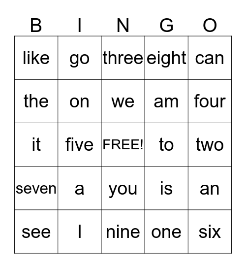 Sight Words Bingo Card