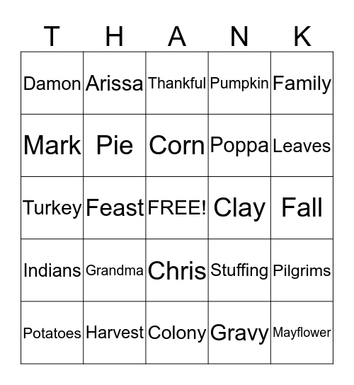 THANKSGIVING Bingo Card