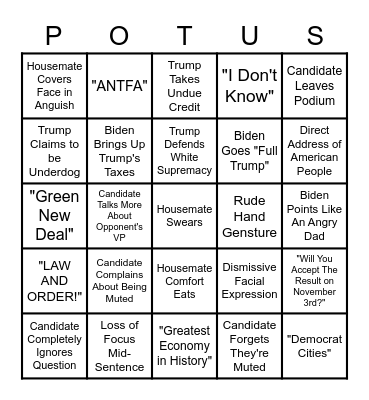 Presidential Debate 22/10/2020 Bingo Card
