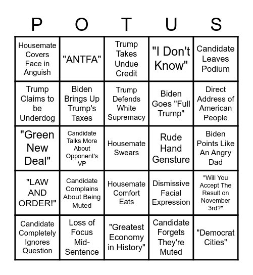 Presidential Debate 22/10/2020 Bingo Card