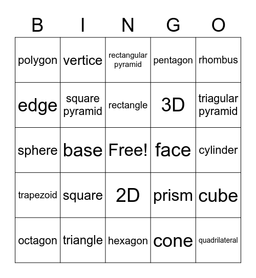 Geometry Bingo Card