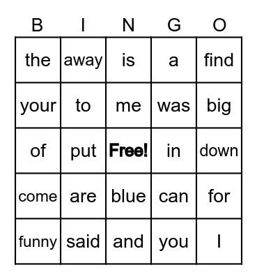 Sight word Bingo Card