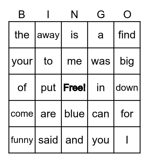 Sight word Bingo Card