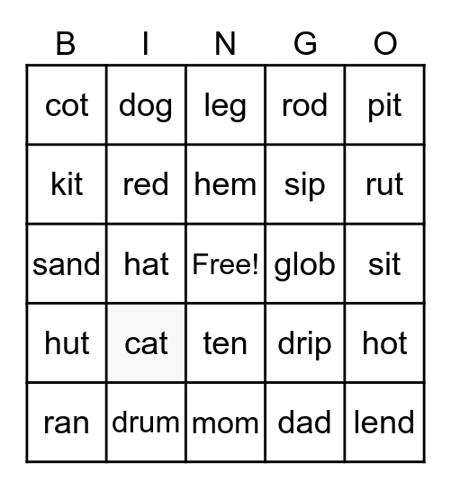 Short Vowel Sounds Bingo Card