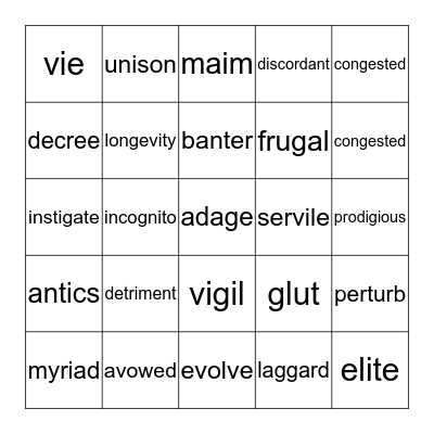 Vocabulary Bingo  Bingo Card