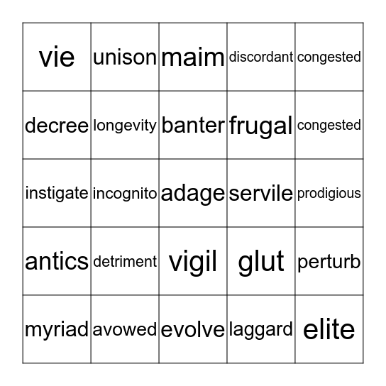 Vocabulary Bingo  Bingo Card