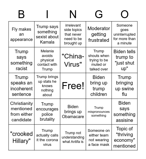 2nd Pres. Debate Bingo Card